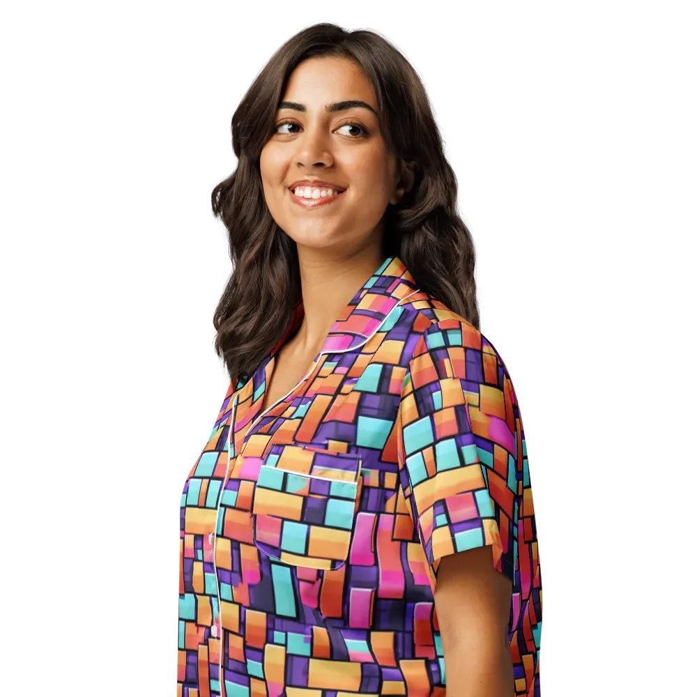 Neon Brickwork on Women's Short Sleeve Pajama Top — Left Front