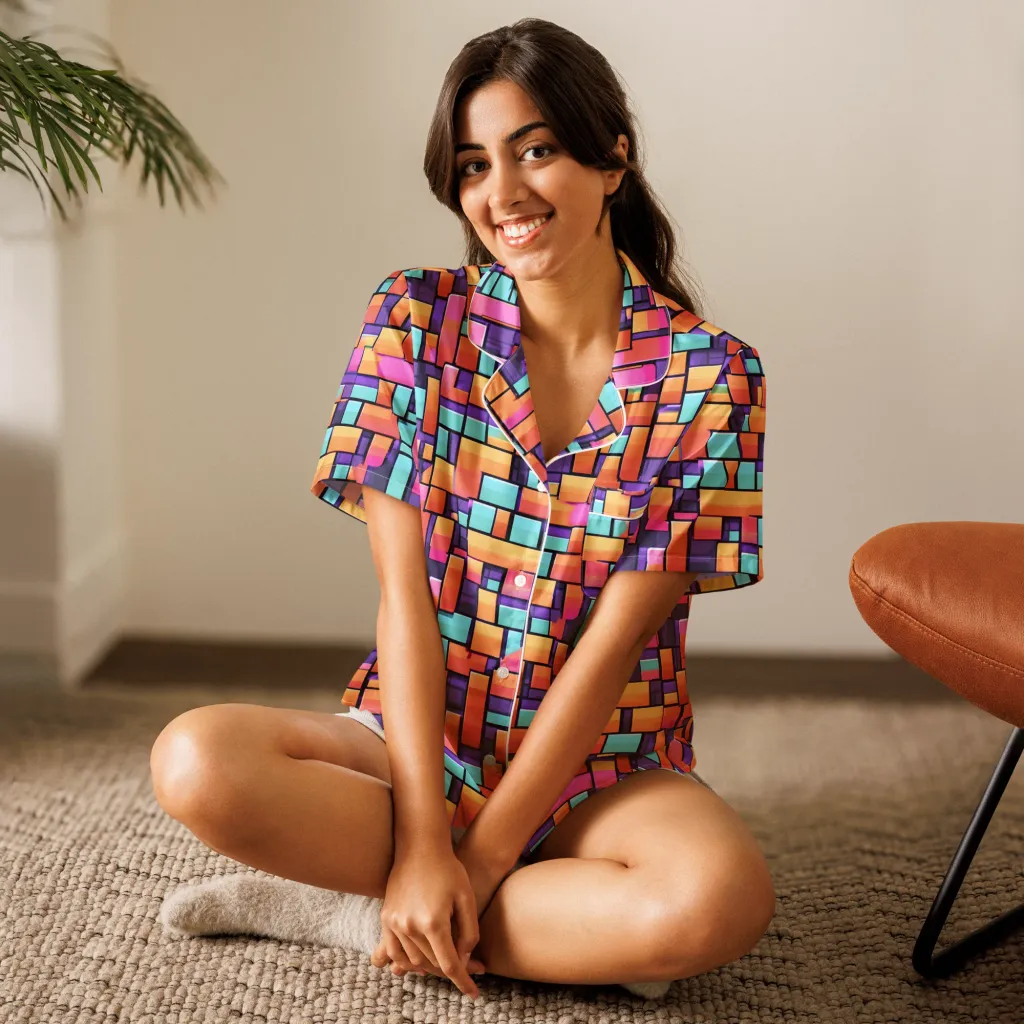 Neon Brickwork on Women's Short Sleeve Pajama Top — Front