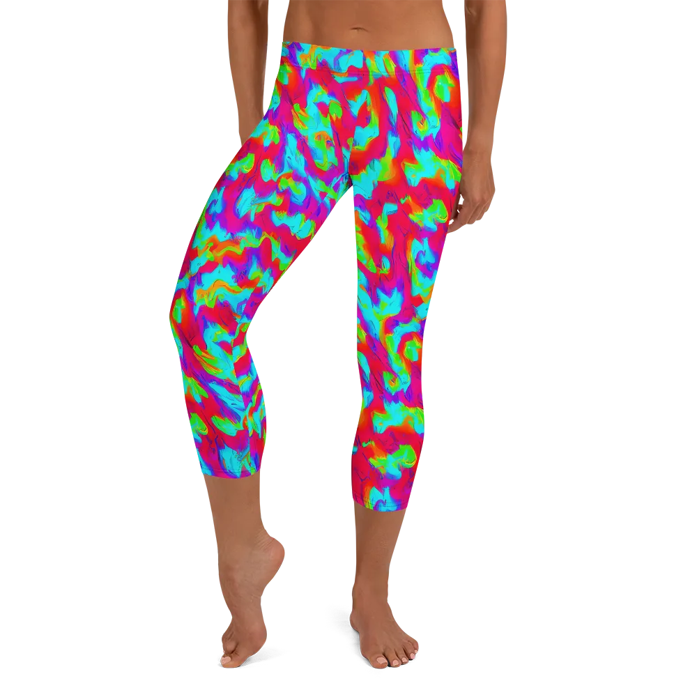 Fluorescent Cascade on Capri Leggings — Front
