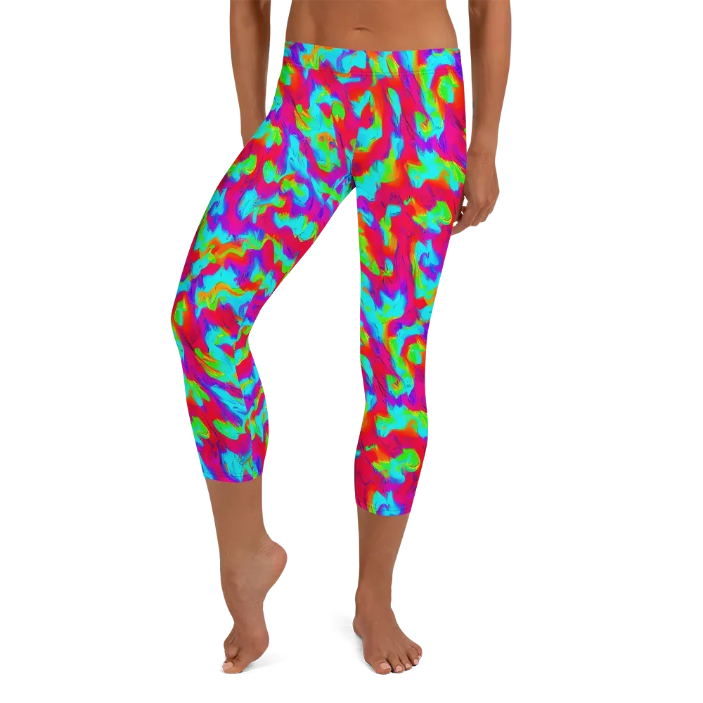 Fluorescent Cascade on Capri Leggings — Front