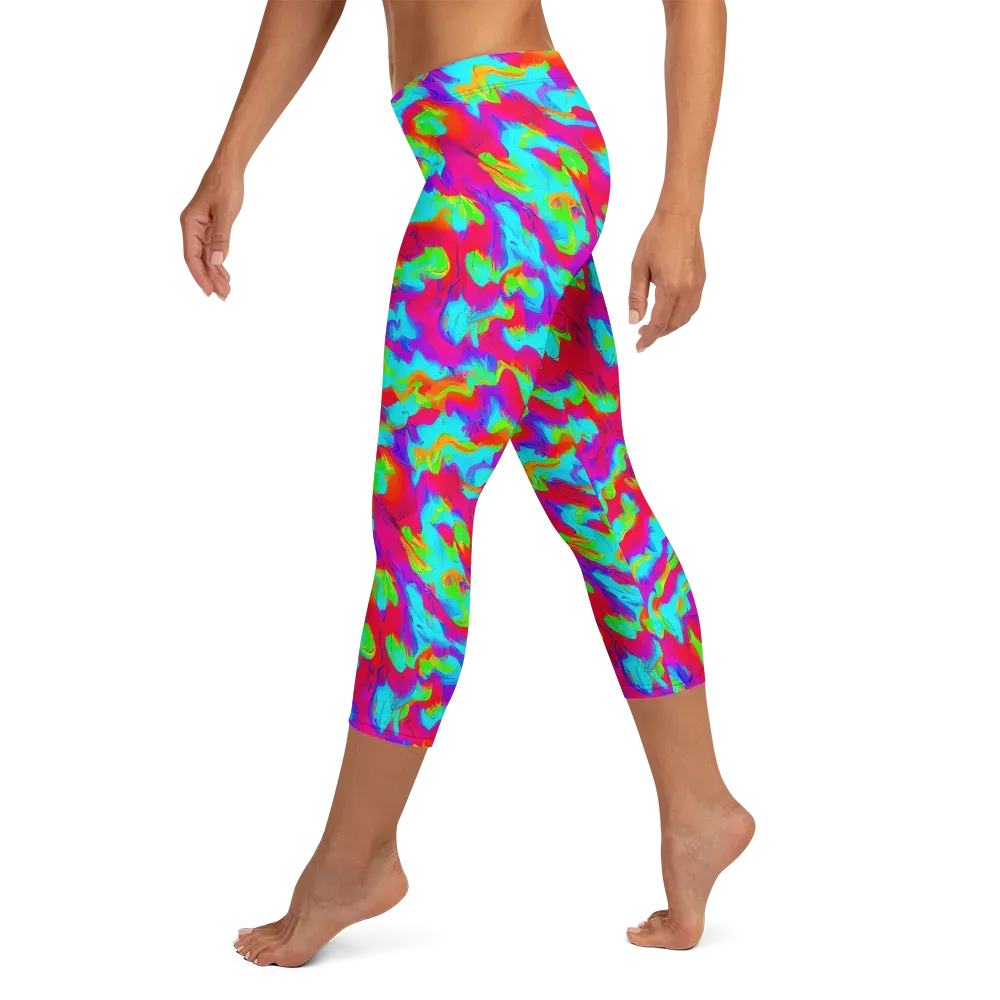 Fluorescent Cascade on Capri Leggings — Left