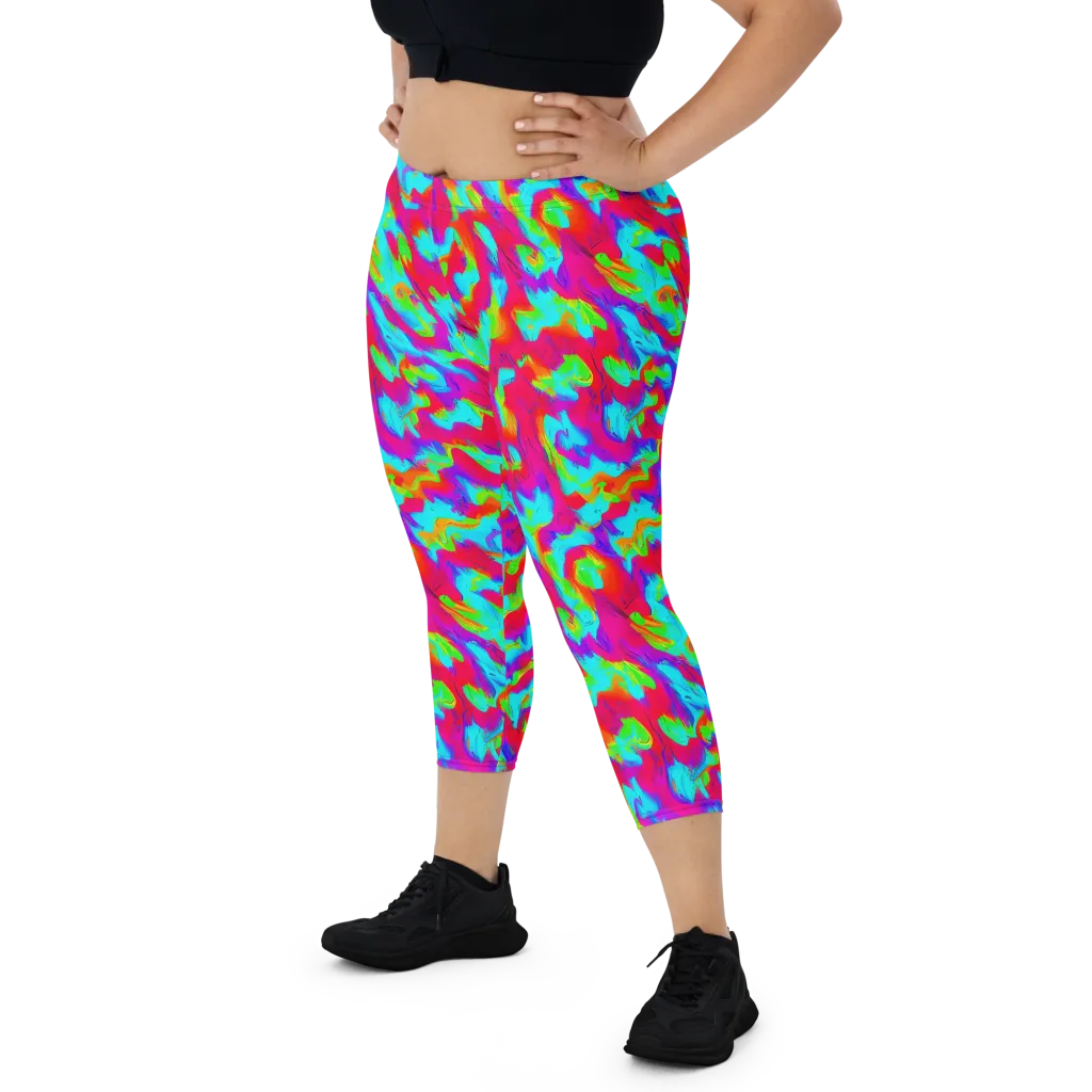 Fluorescent Cascade on Capri Leggings — Front