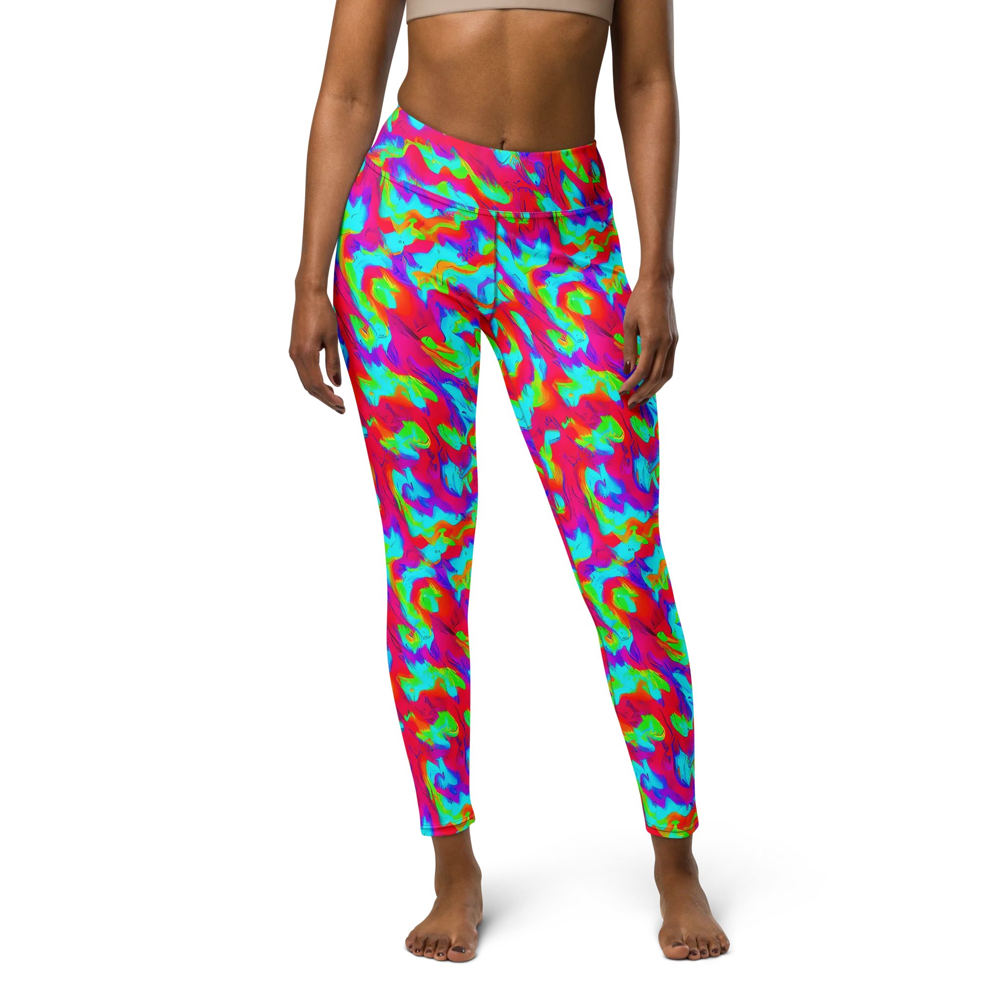 Fluorescent Cascade on Yoga Leggings — Front
