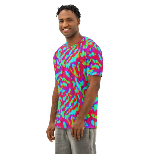 Fluorescent Cascade on a Men's Cotton Crew Neck T-Shirt