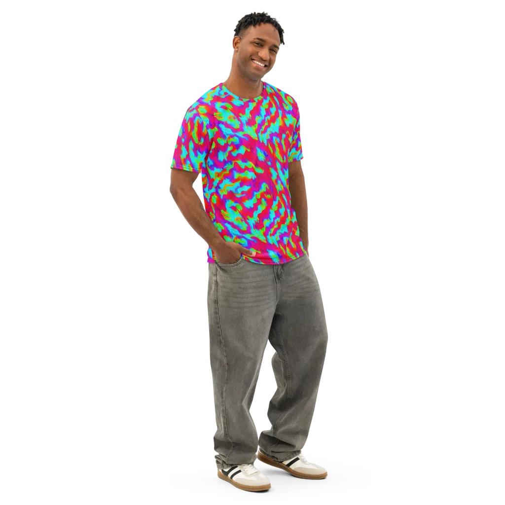 Fluorescent Cascade on Men's Cotton Crew Neck T-Shirt — Right Front