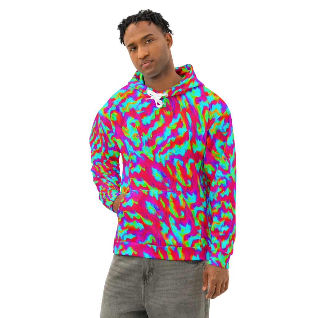Fluorescent Cascade on Cotton Hoodie — Left Front