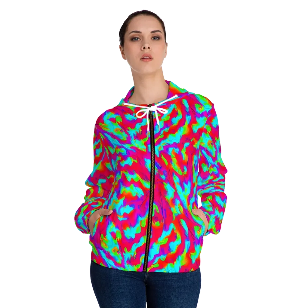 Fluorescent Cascade on Women's Full-Zip Hoodie — Front On Person