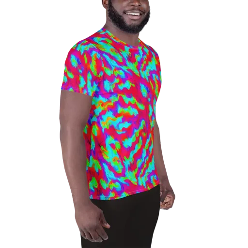 Fluorescent Cascade on a Men's Athletic T-Shirt