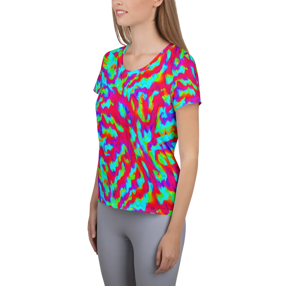 Fluorescent Cascade on Women's Athletic T-Shirt — Left