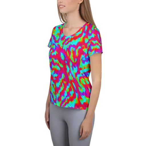 Fluorescent Cascade on a Women's Athletic T-Shirt