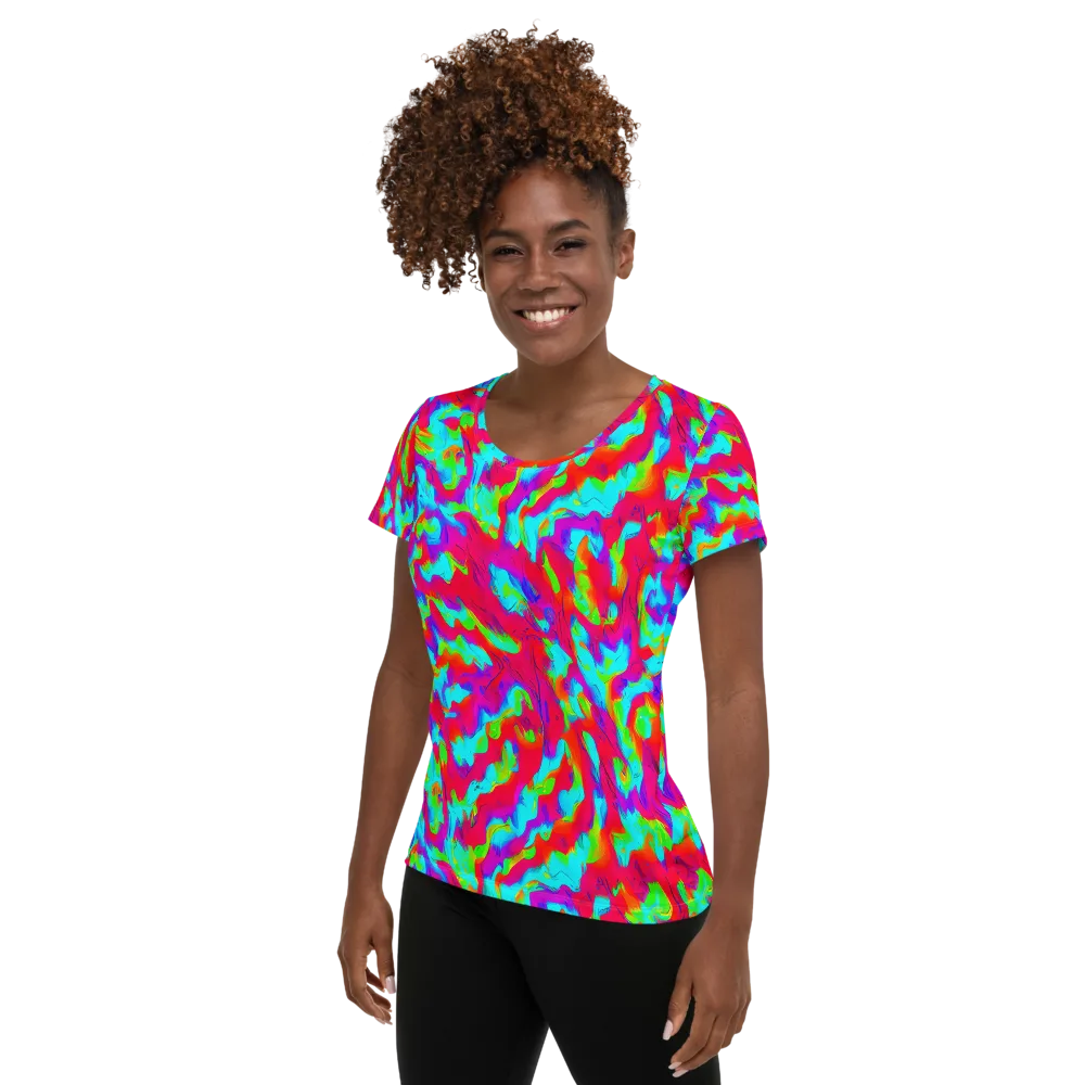 Fluorescent Cascade on Women's Athletic T-Shirt — Left