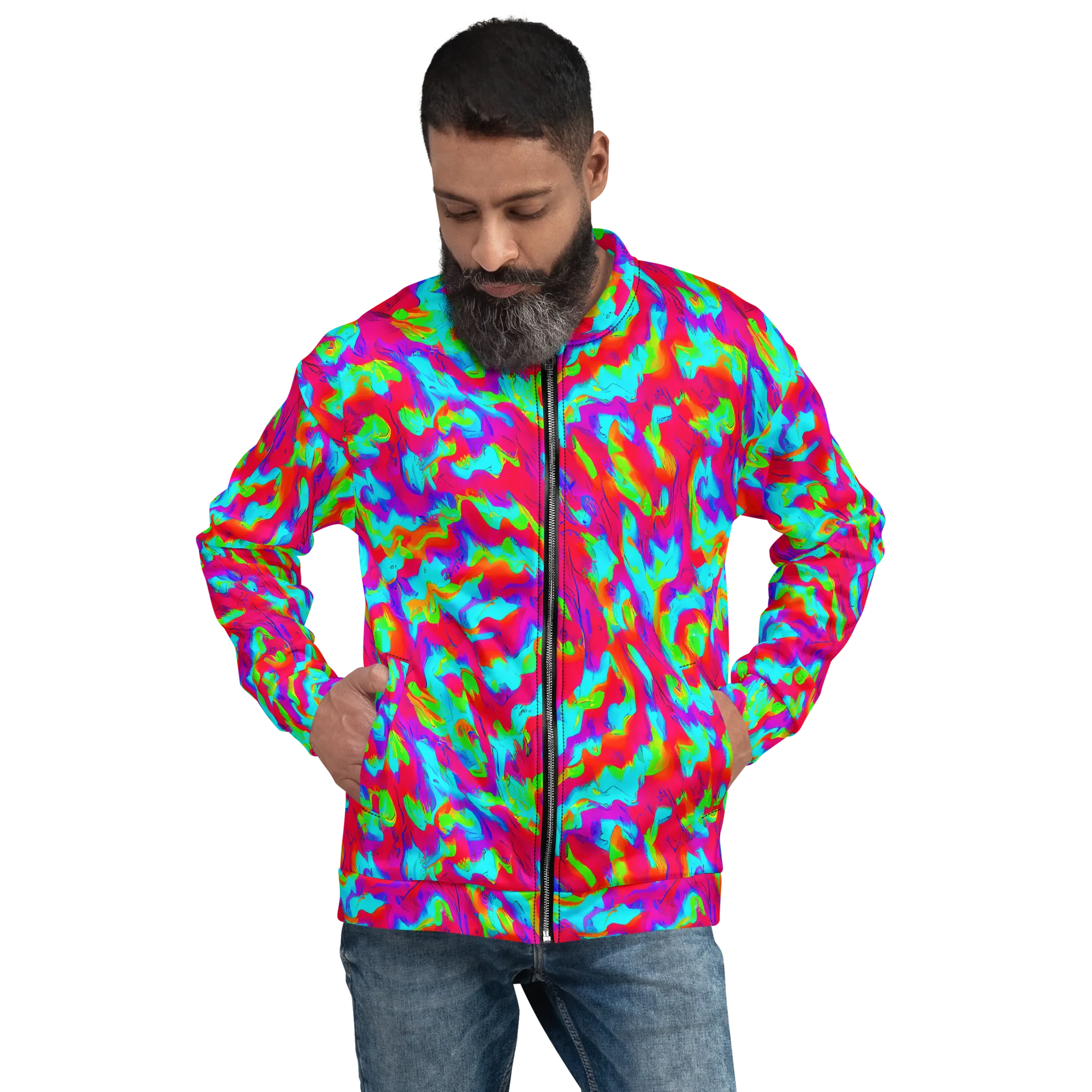 Fluorescent Cascade on Bomber Jacket — Front