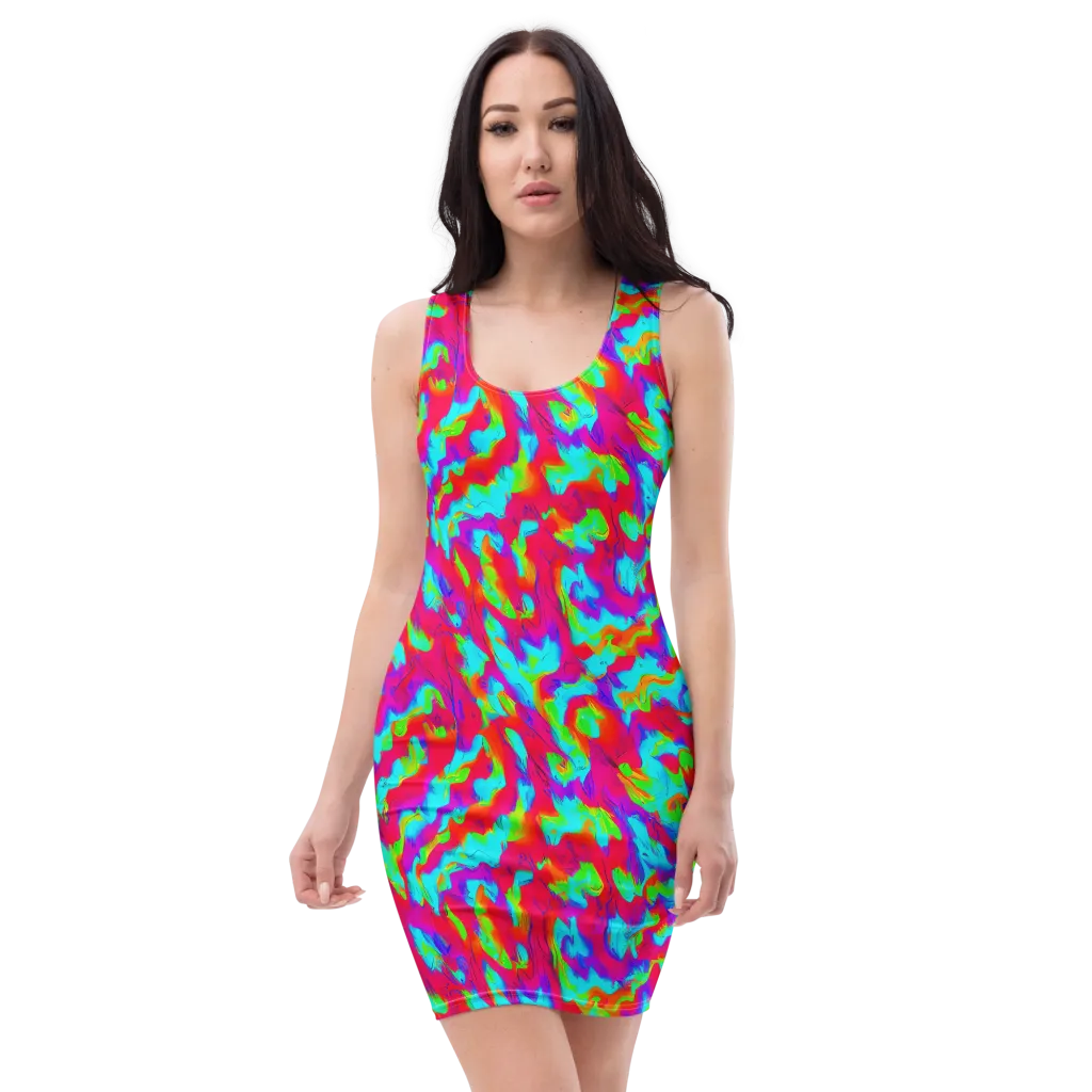 Fluorescent Cascade on Bodycon Dress — Front