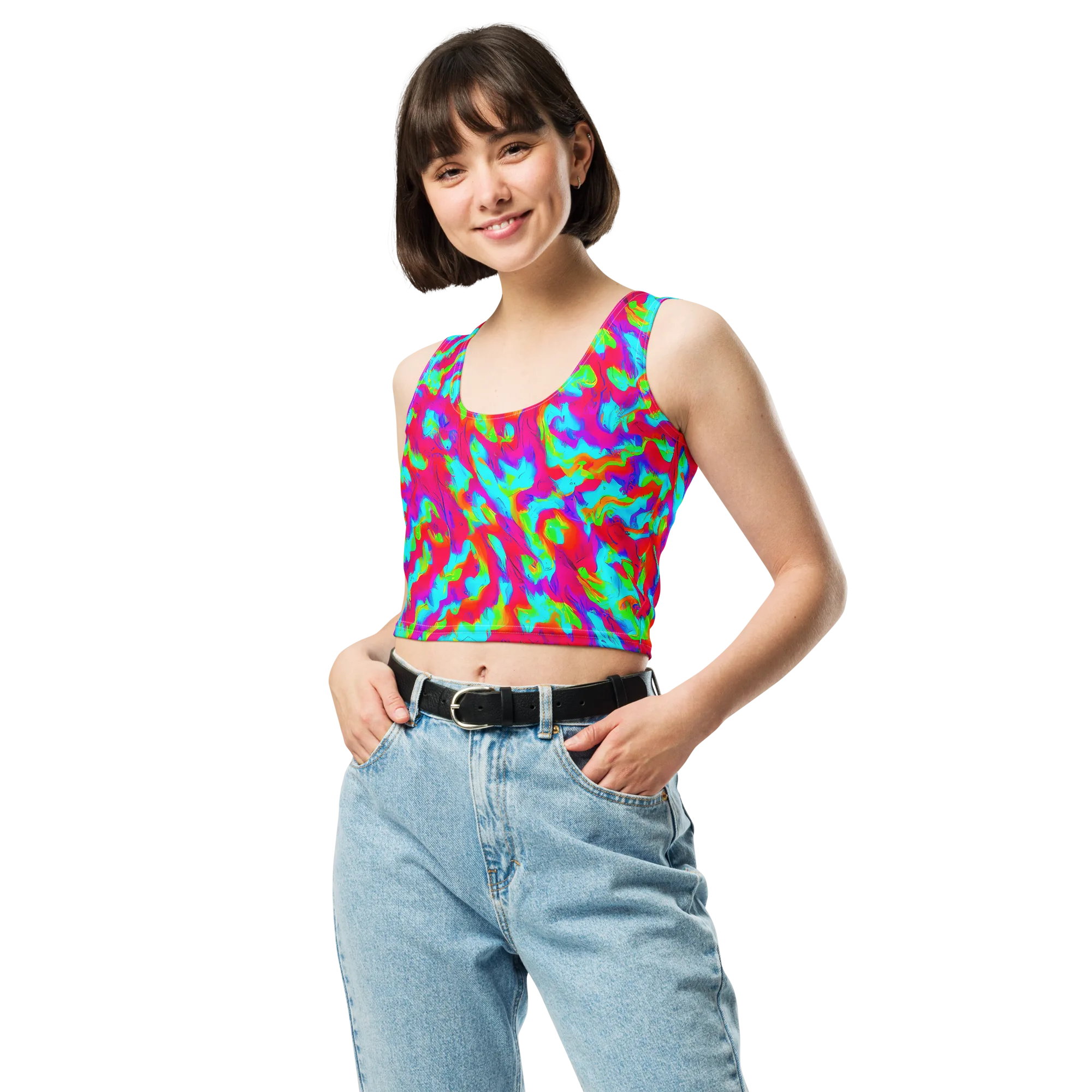 Fluorescent Cascade on Crop Top — Front