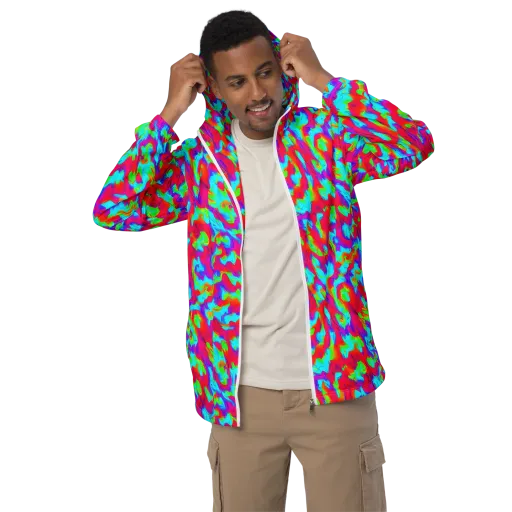 Fluorescent Cascade on a Men's Windbreaker