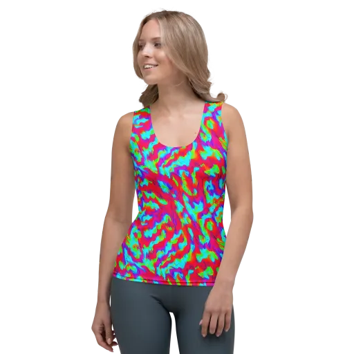 Fluorescent Cascade on a Women's Tank Top