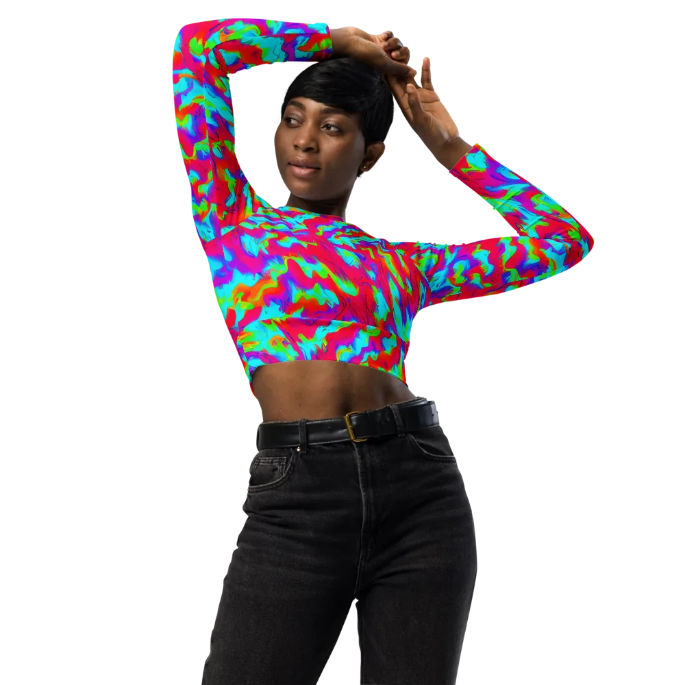 Fluorescent Cascade on Long Sleeve Crop Top — Front