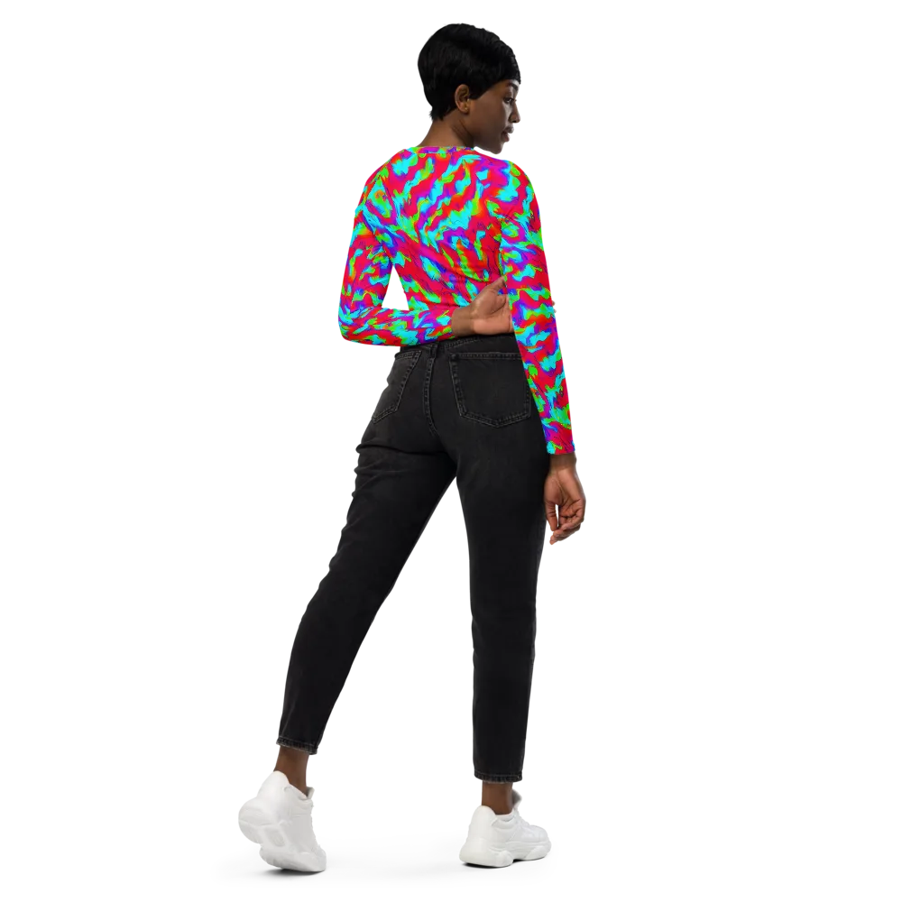 Fluorescent Cascade on Long Sleeve Crop Top — Right Back