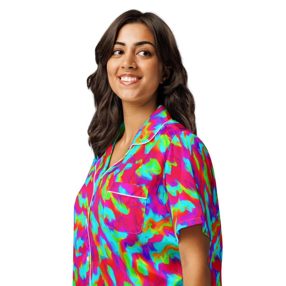 Fluorescent Cascade on Women's Short Sleeve Pajama Top — Left Front
