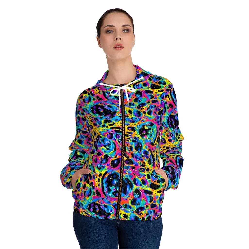 Luminous Spill on Women's Full-Zip Hoodie — Front On Person