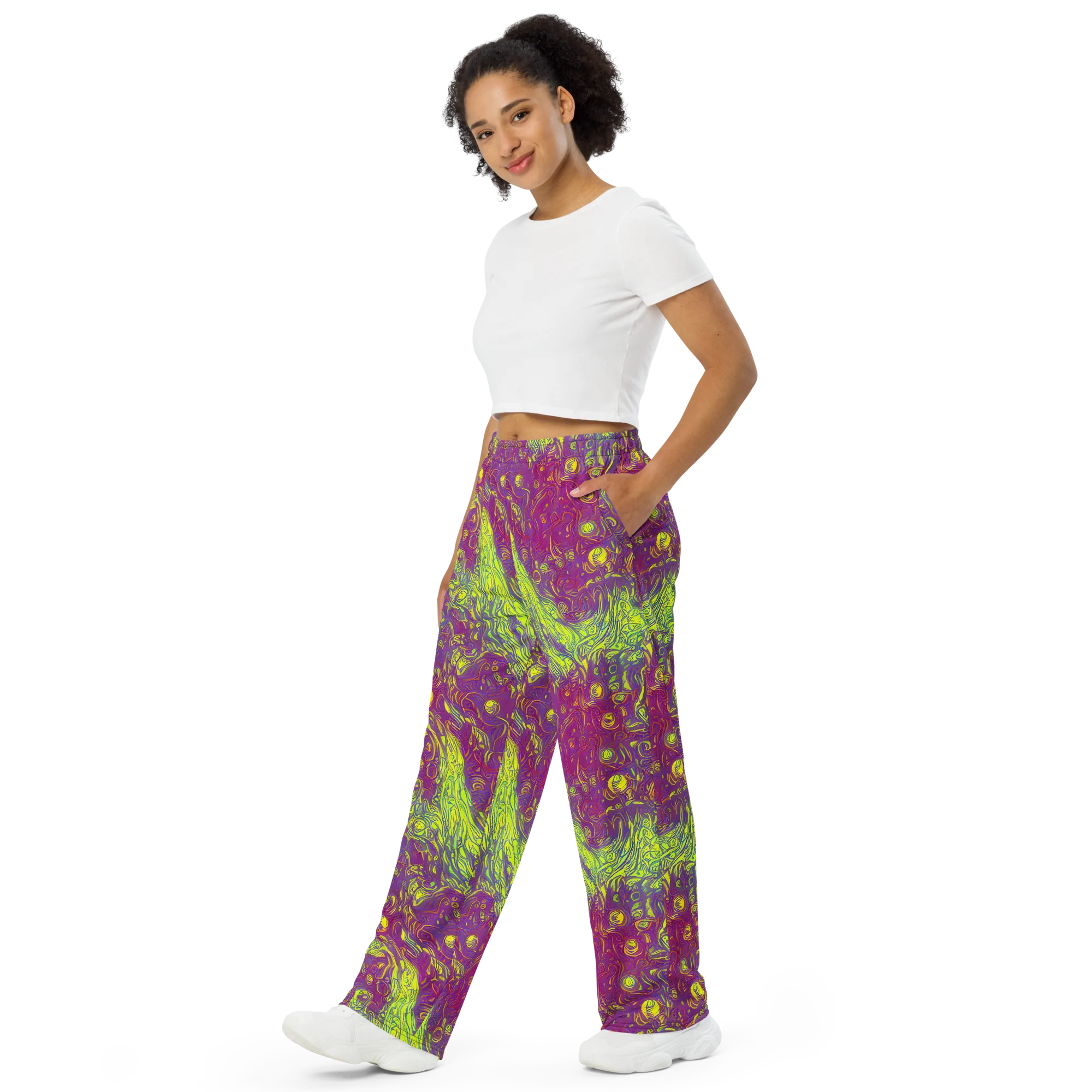 Neon Eruption on Wide-Leg Pants — Left Front