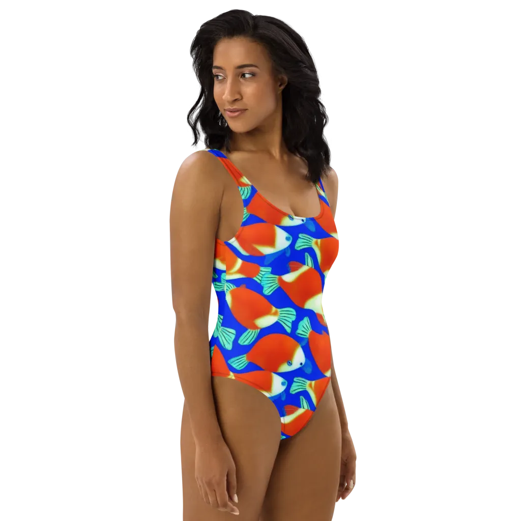 Electric Koi on One-Piece Swimsuit — Right