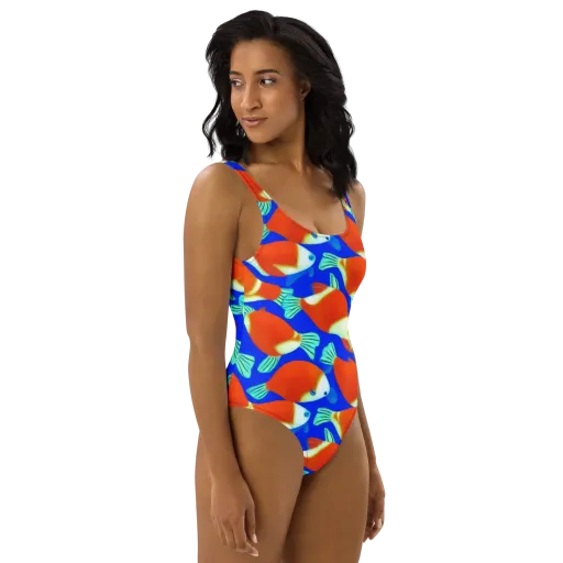 Electric Koi on a One-Piece Swimsuit