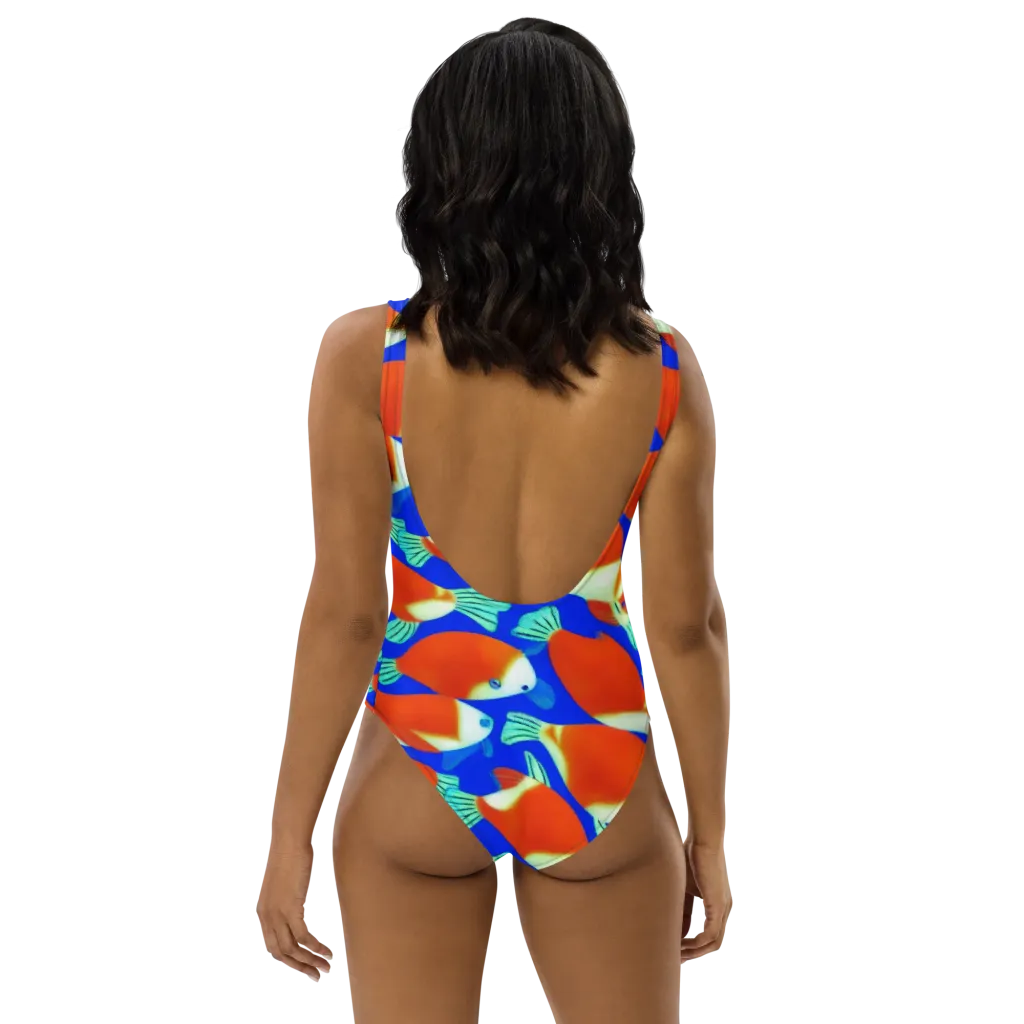 Electric Koi on One-Piece Swimsuit — Back