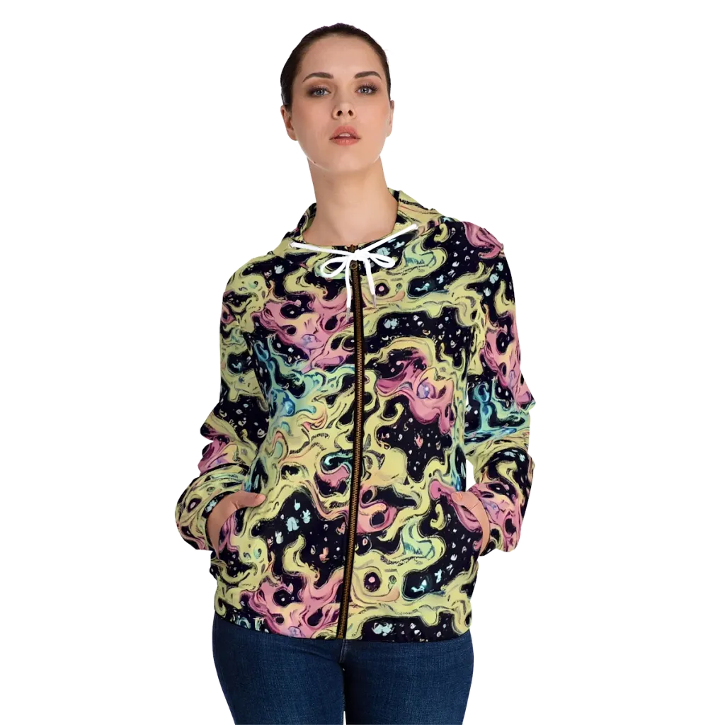 Neon Ink Tide on Women's Full-Zip Hoodie — Front On Person