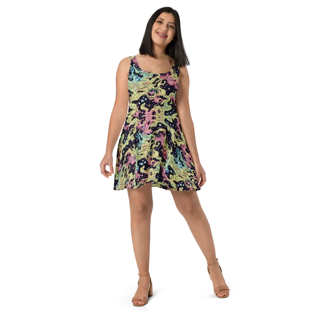 Neon Ink Tide on Skater Dress — Front