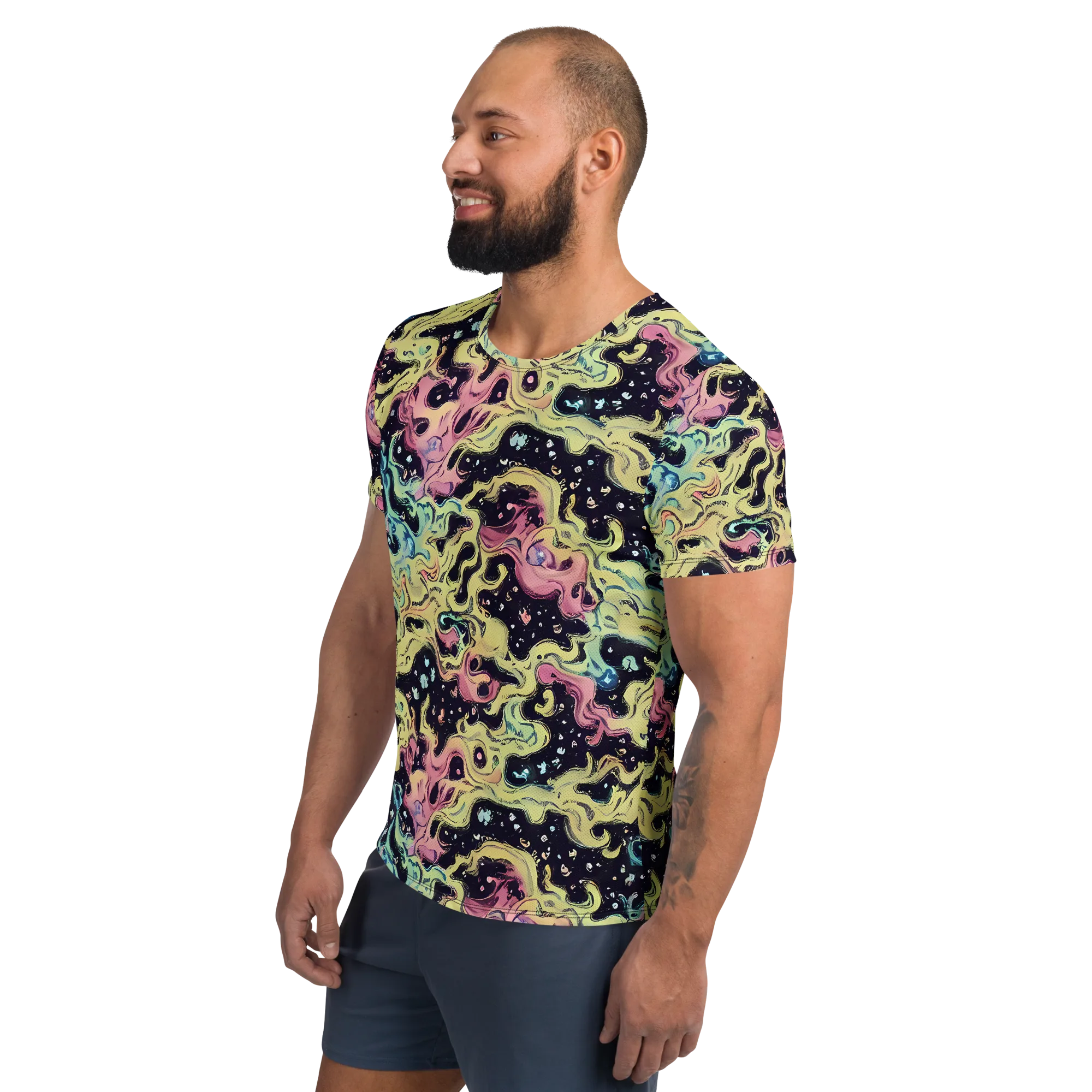 Neon Ink Tide on Men's Athletic T-Shirt — Left
