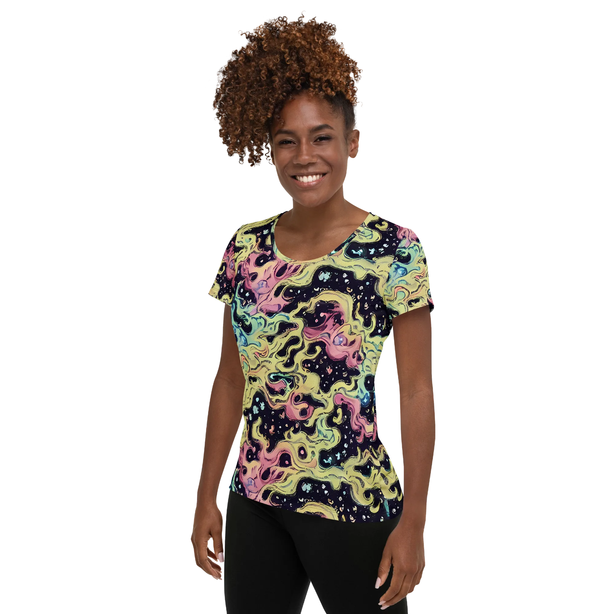 Neon Ink Tide on Women's Athletic T-Shirt — Left