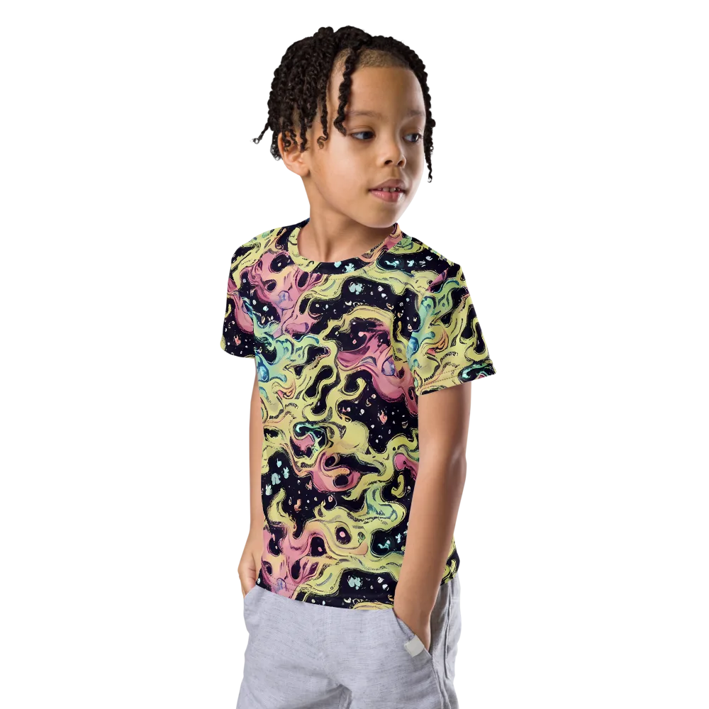 Neon Ink Tide on Kids Crew Neck T-Shirt — Left Front