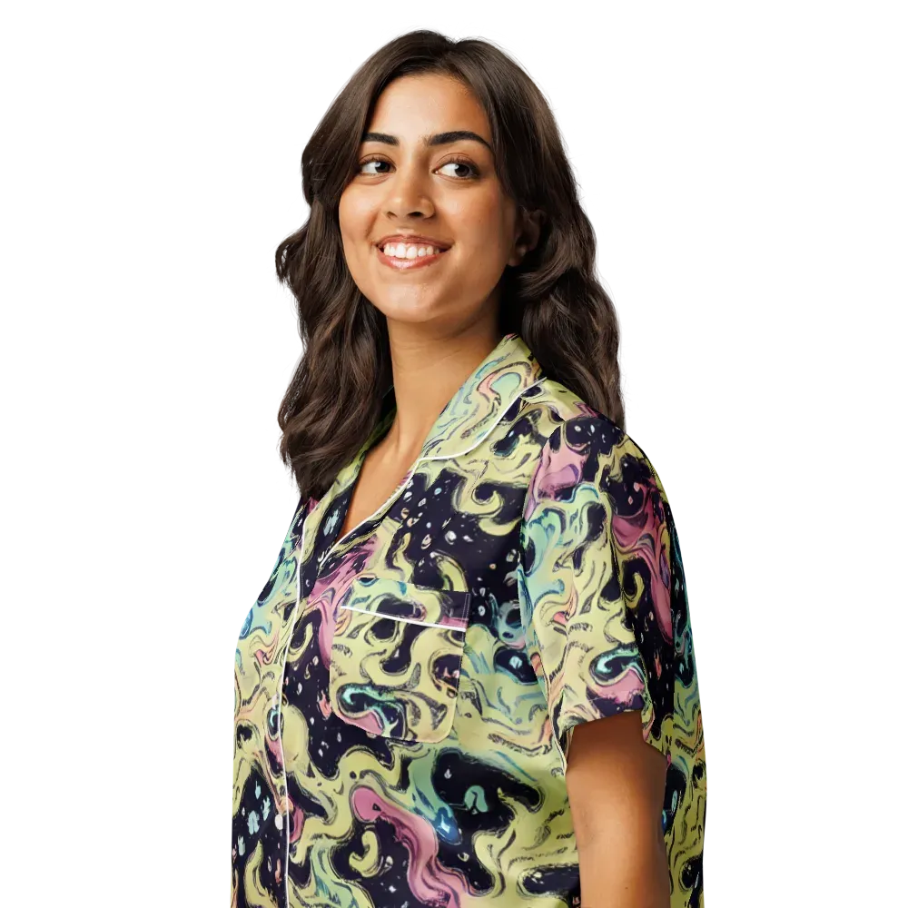 Neon Ink Tide on Women's Short Sleeve Pajama Top — Left Front