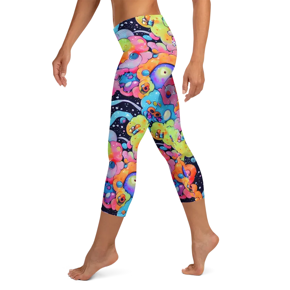 Neon Creature Cosmos on Capri Leggings — Left