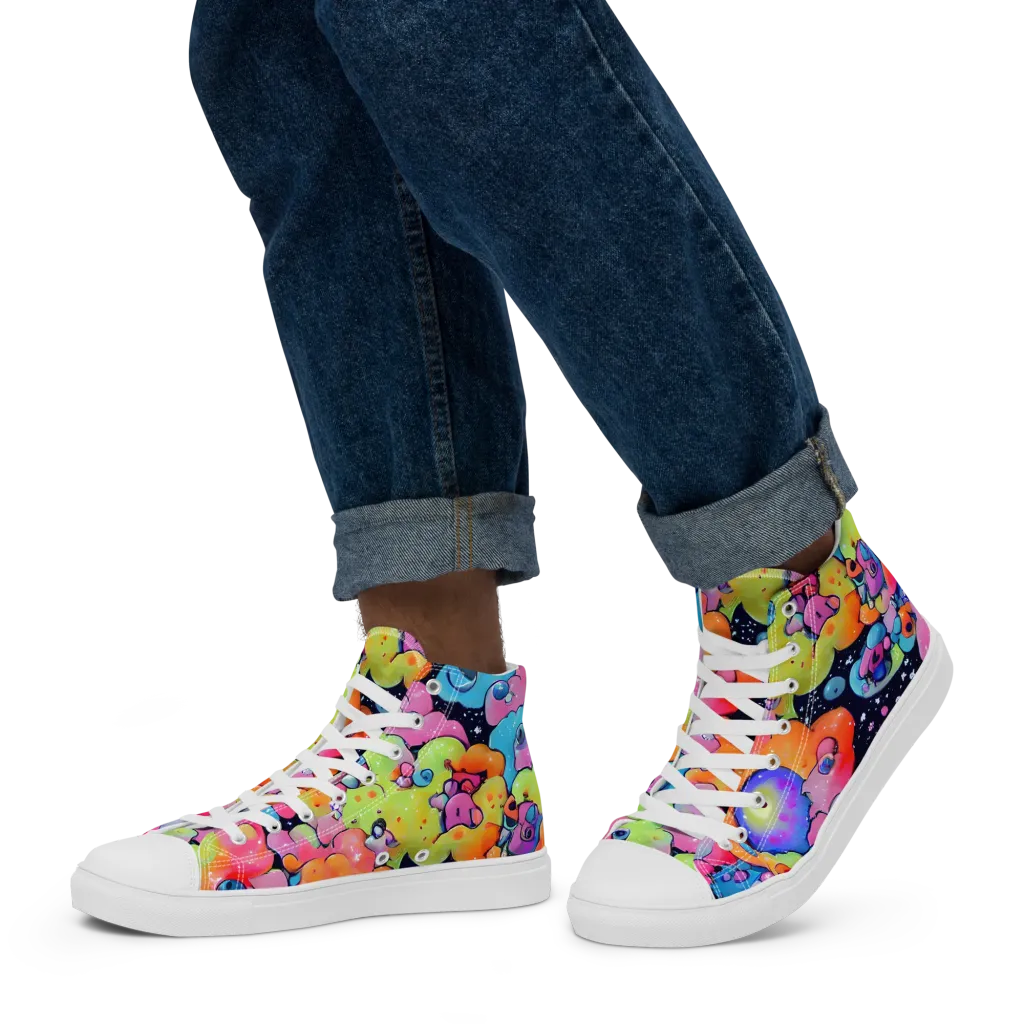 Neon Creature Cosmos on Men's High Top Canvas Shoes — Left