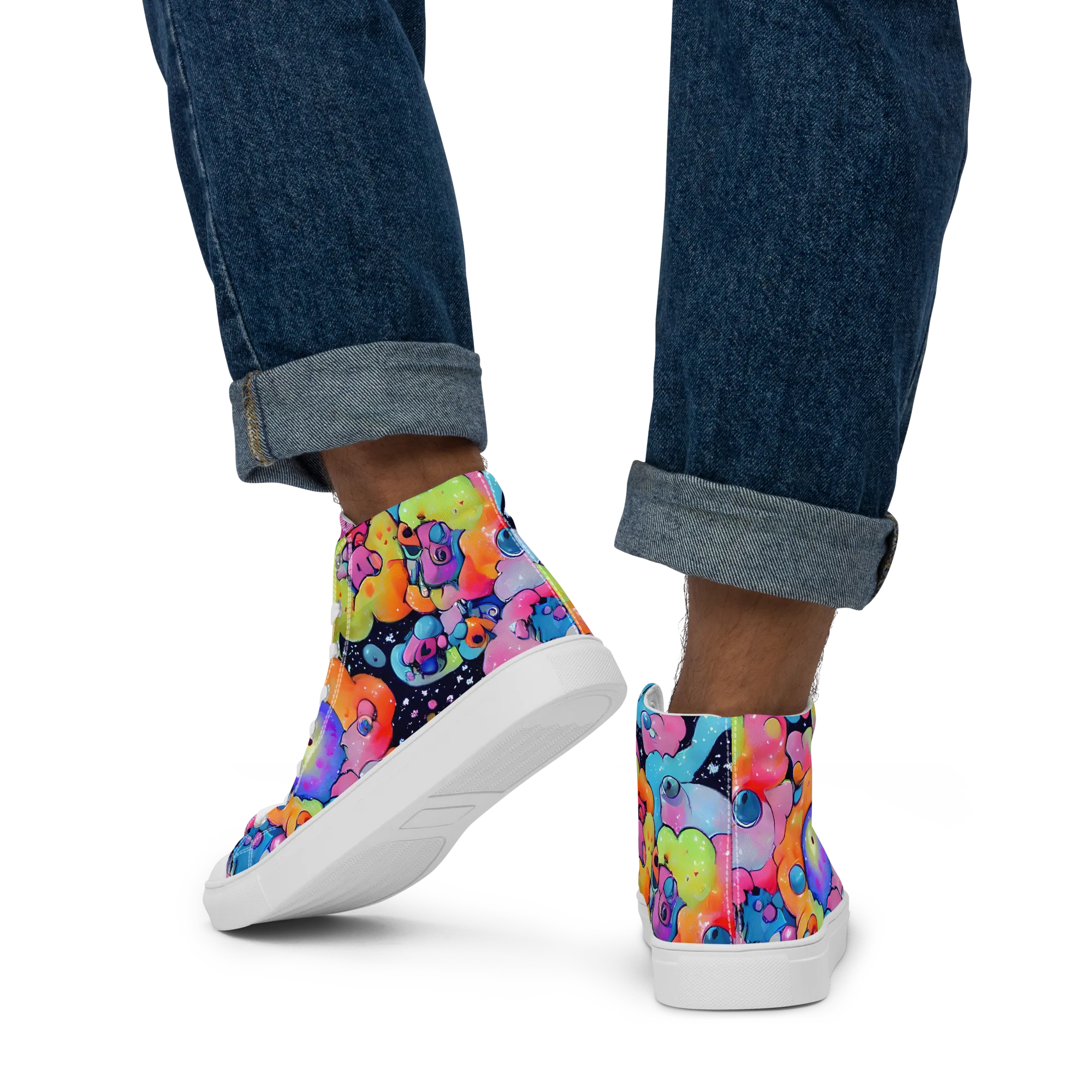 Neon Creature Cosmos on Men's High Top Canvas Shoes — Back