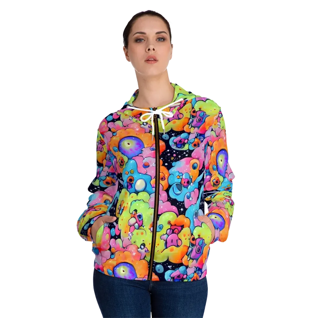 Neon Creature Cosmos on Women's Full-Zip Hoodie — Front On Person