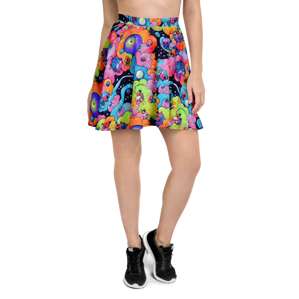 Neon Creature Cosmos on Skater Skirt — Front