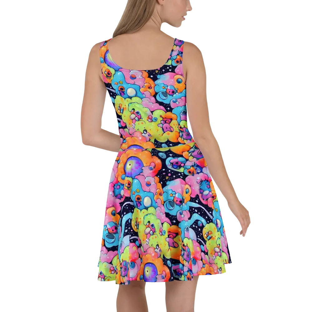 Neon Creature Cosmos on Skater Dress — Back