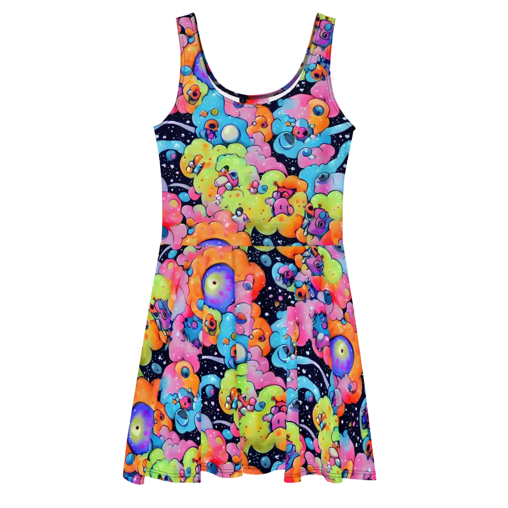 Neon Creature Cosmos on Skater Dress — Front