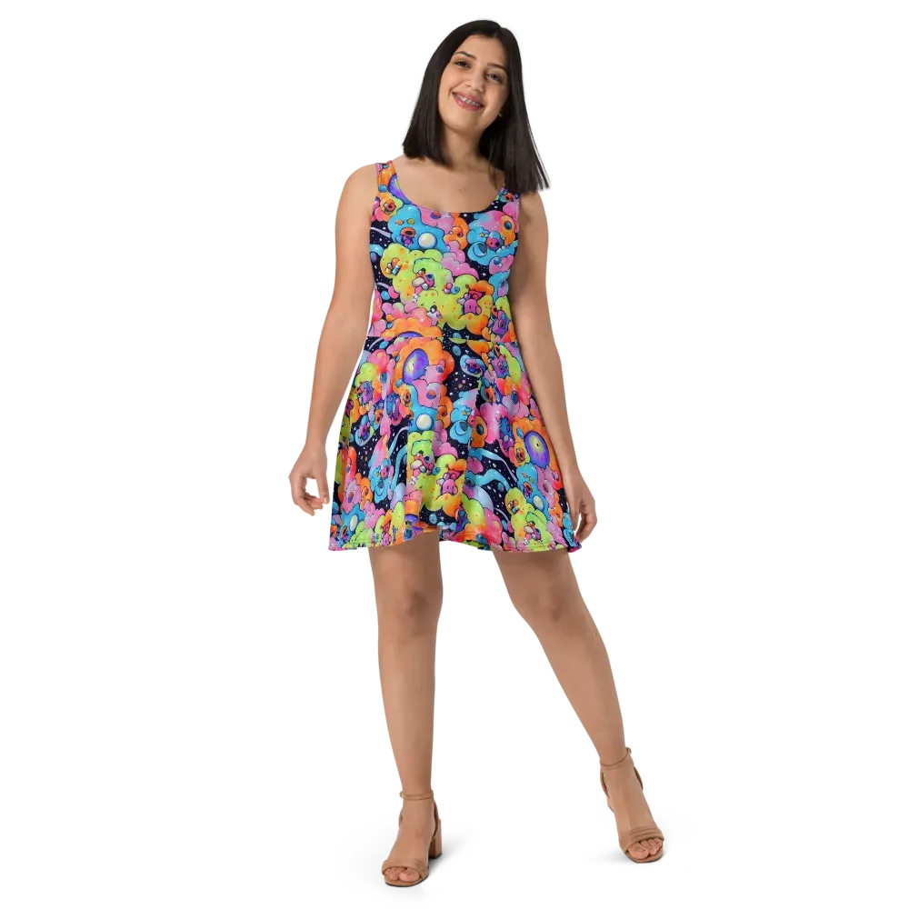 Neon Creature Cosmos on Skater Dress — Front