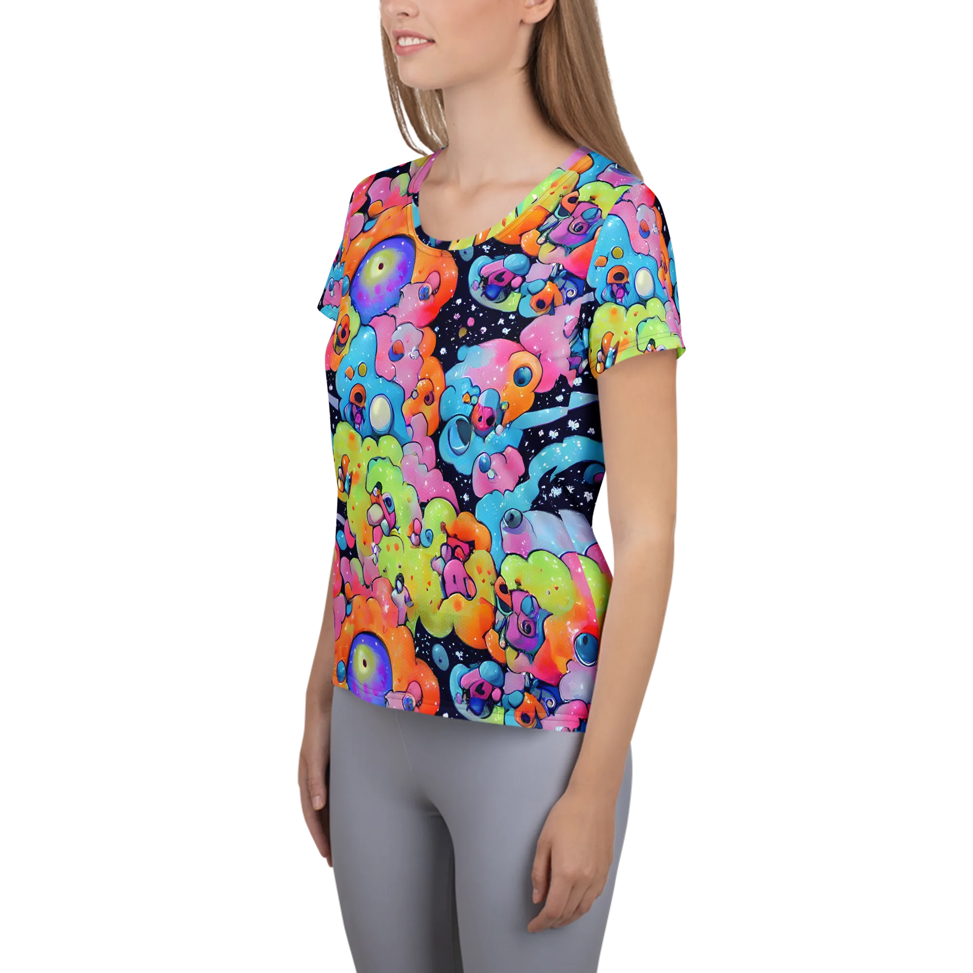 Neon Creature Cosmos on Women's Athletic T-Shirt — Left