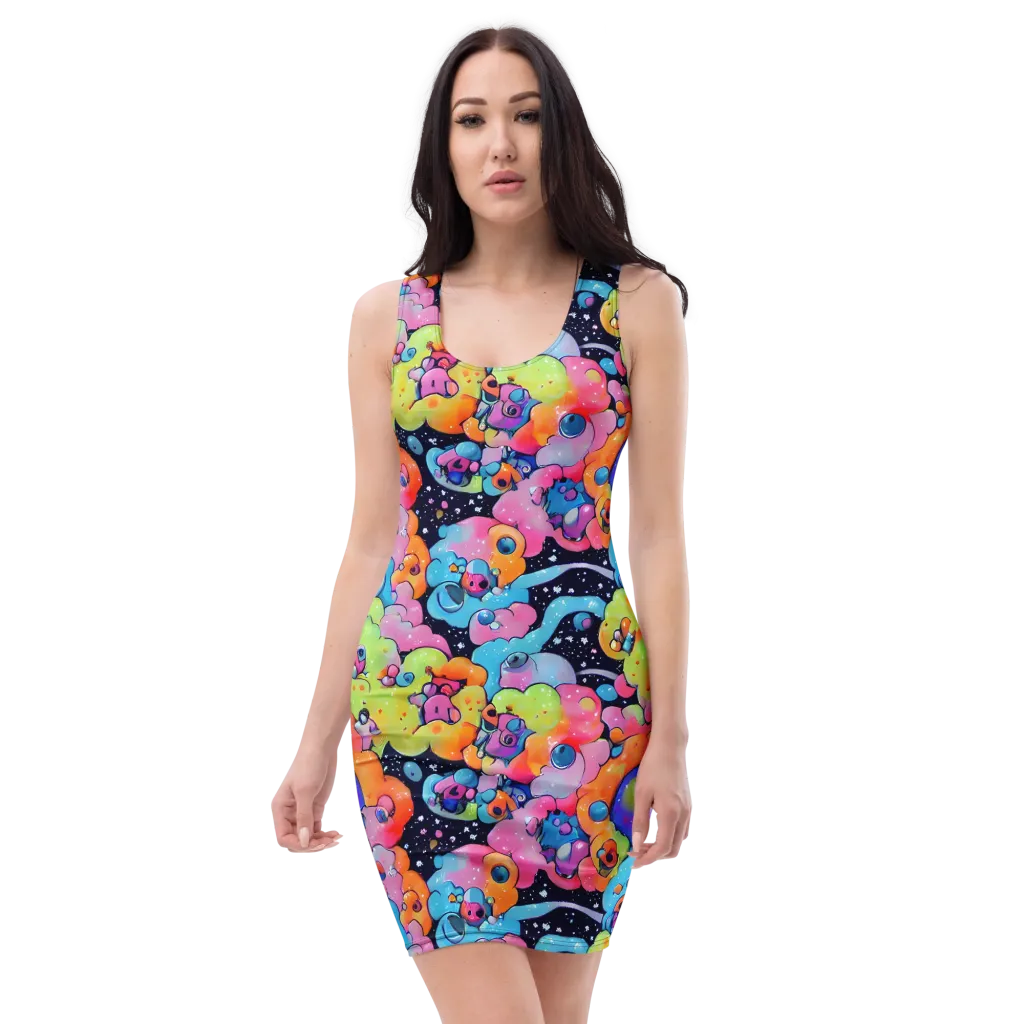 Neon Creature Cosmos on Bodycon Dress — Front