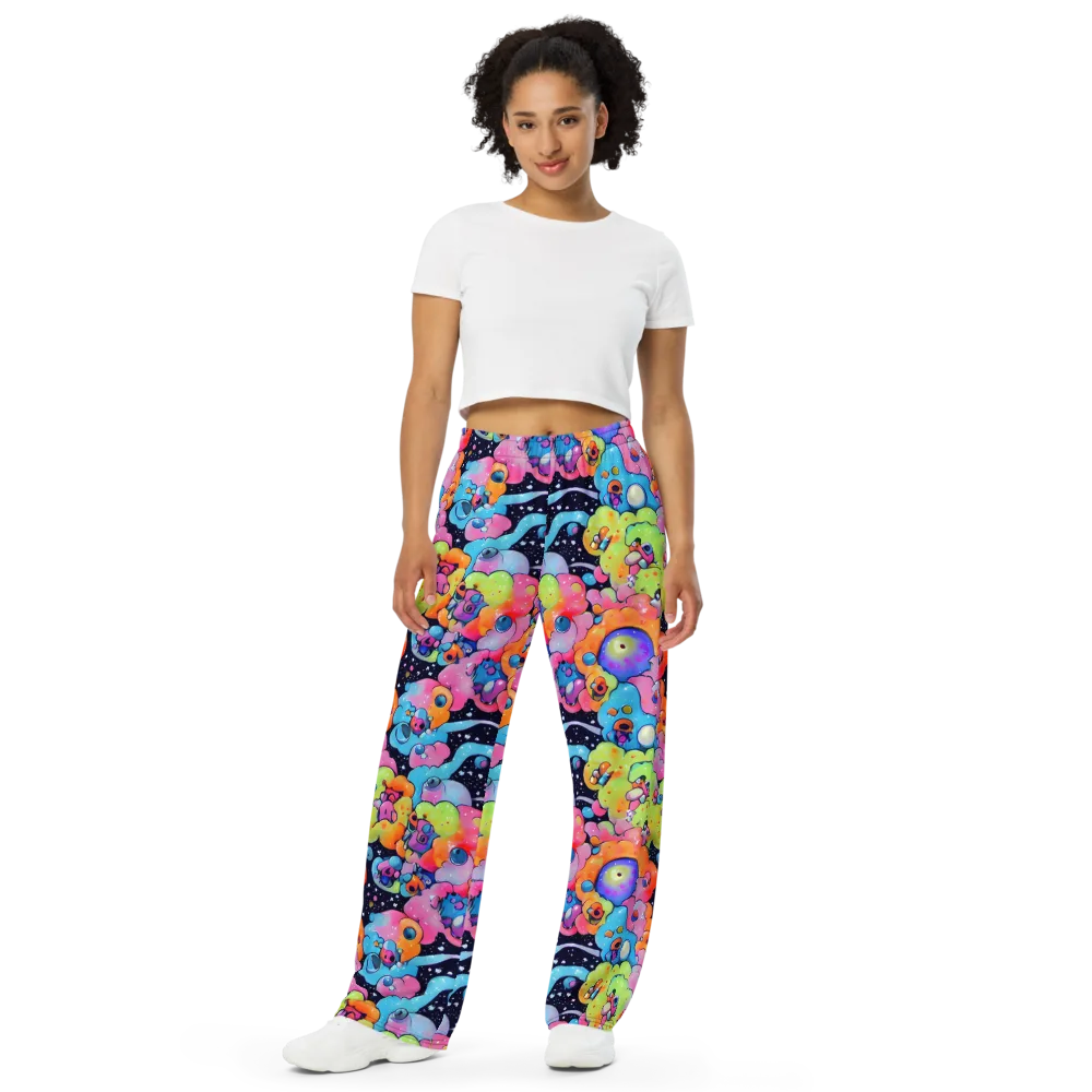 Neon Creature Cosmos on Wide-Leg Pants — Front