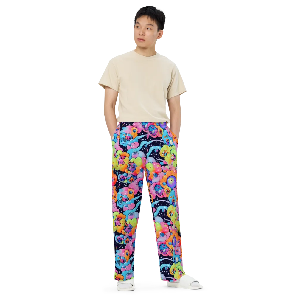 Neon Creature Cosmos on Wide-Leg Pants — Front