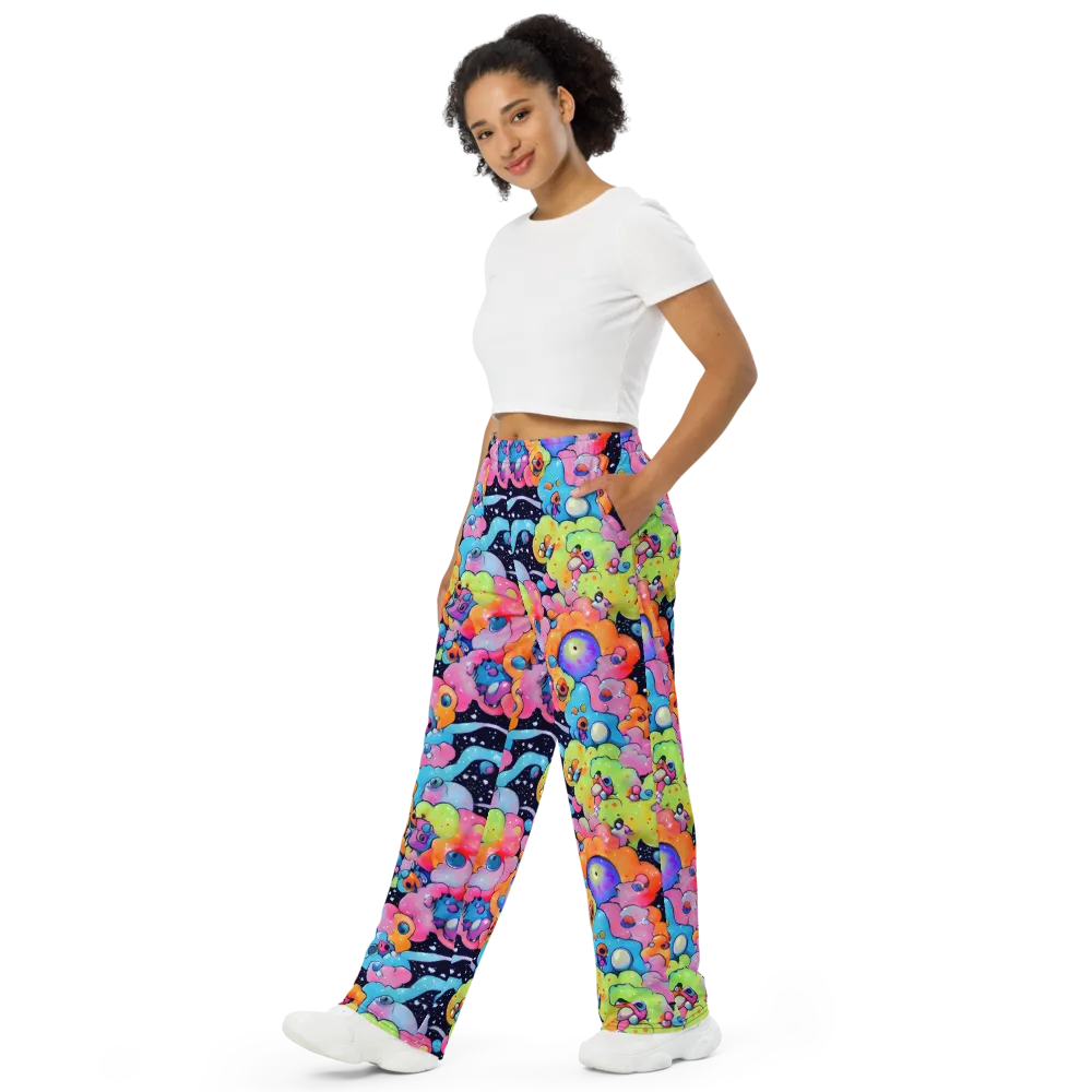 Neon Creature Cosmos on Wide-Leg Pants — Left Front