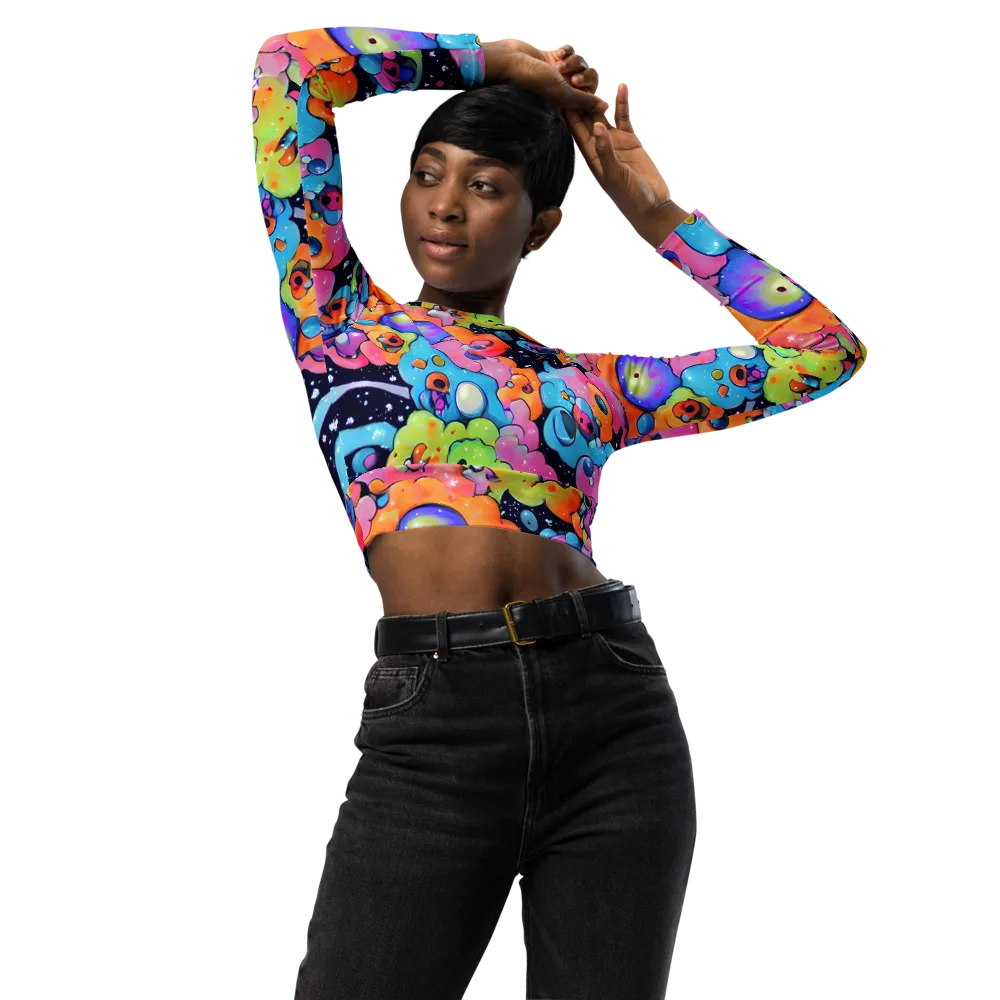 Neon Creature Cosmos on Long Sleeve Crop Top — Front