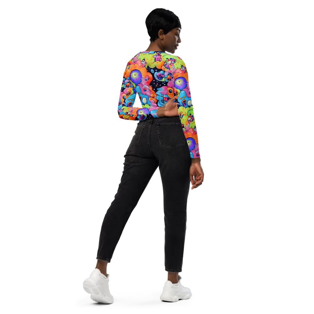 Neon Creature Cosmos on Long Sleeve Crop Top — Right Back