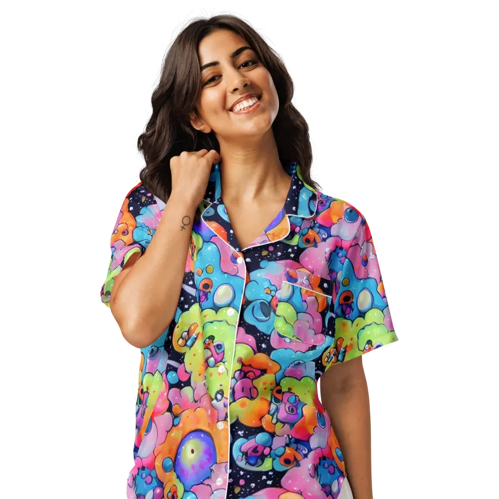 Neon Creature Cosmos on Women's Short Sleeve Pajama Top — Front